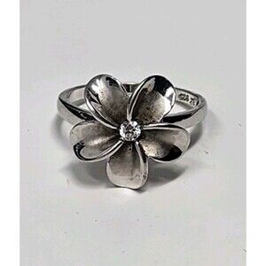 Rhodium Plated Sterling Silver Hawaiian Plumeria Flower Ring Cubic Zirconia Sz 8